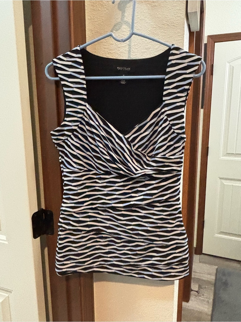 White House Black Market Black and White Striped Sleeveless Wrap Top